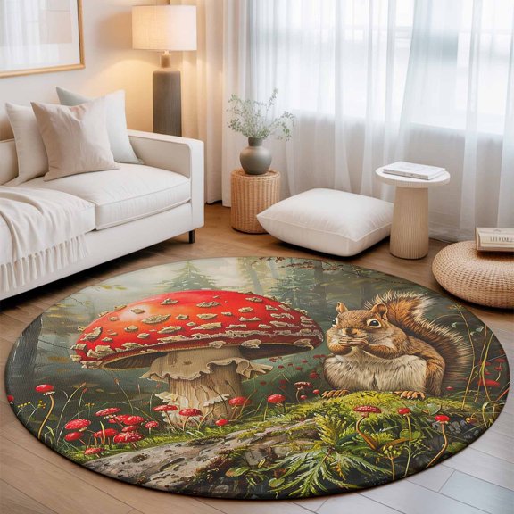 Round Area Rug - 3ft Fall Squirrel Mushroom Plant Non Slip Washable Circle Carpet Soft Large Floor Rugs for Living Room Bedroom Nursery Office