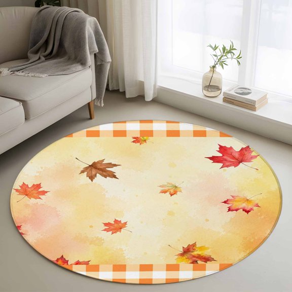 Round Area Rug 3ft Fall Thanksgiving Maple Leaves Area Rugs Washable Low Pile Floor Carpet for Bedroom, Autumn Country Orange Plaid Non Slip Soft Rugs for Living Room Entryway Dining Room
