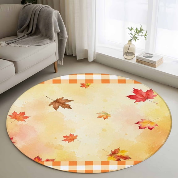 Round Area Rug 3ft, Fall Thanksgiving Maple Leaves Non-Slip Non-Shedding Floor Mat, Autumn Country Orange Plaid Washable Sturdy Carpet for Living Room Bedroom Home Decor