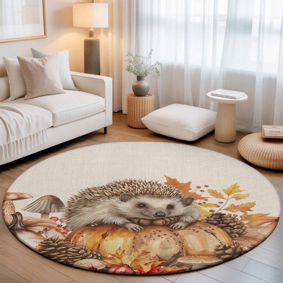 Round Area Rug - 3ft Fall Thanksgiving Pumpkin Hedgehog Non Slip Washable Circle Carpet Soft Large Floor Rugs for Living Room Bedroom Nursery Office