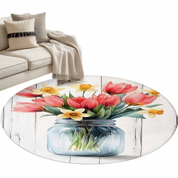 Round Area Rug-3ft Farm Blossom Tulip Glass Vase Non Slip Washable Circle Carpet Soft Large Floor Rugs for Living Room Bedroom Nursery Office