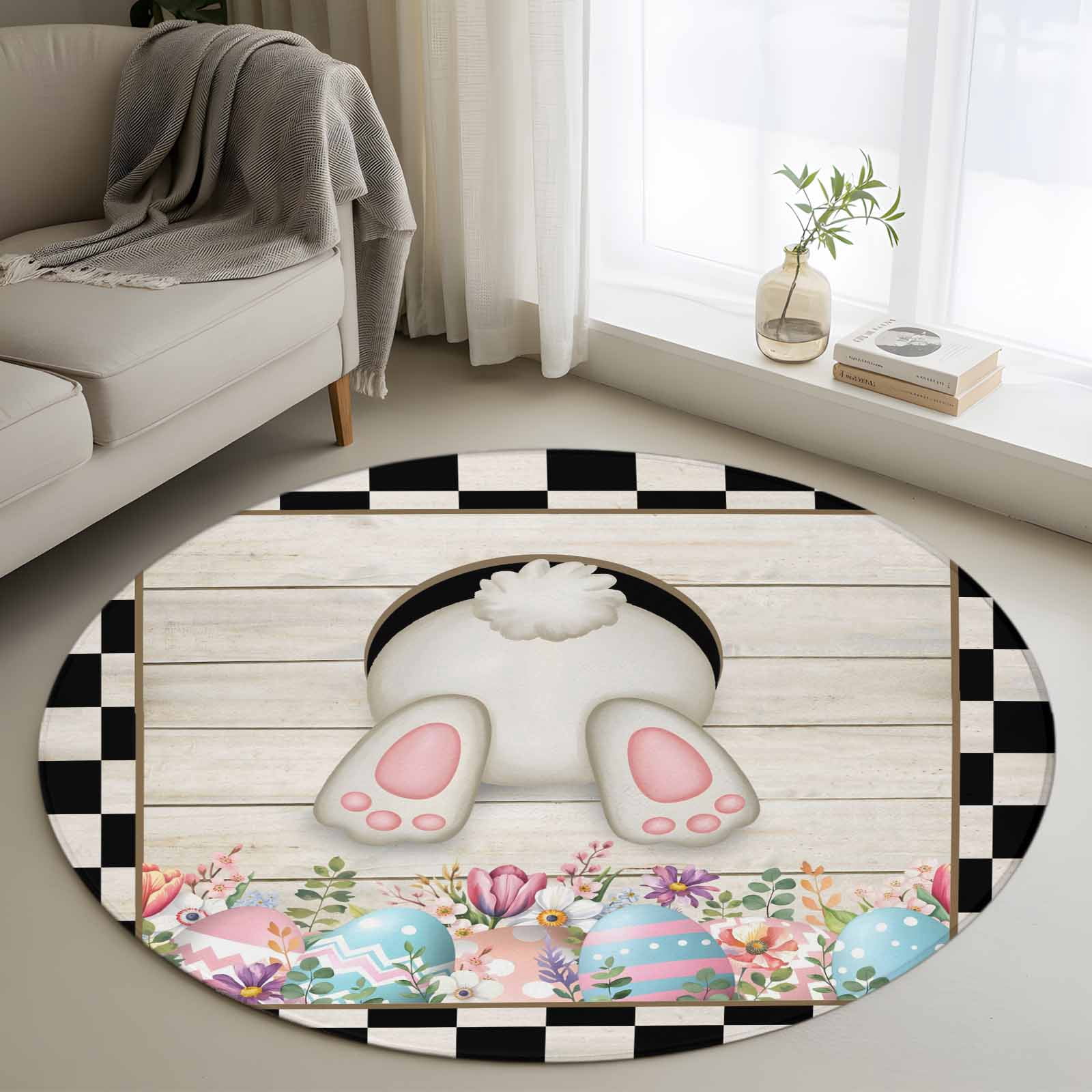 Round Easter Rug Round Area Rug 3ft, Farm Easter Eggs in Grass Non-Shedding Washable ...