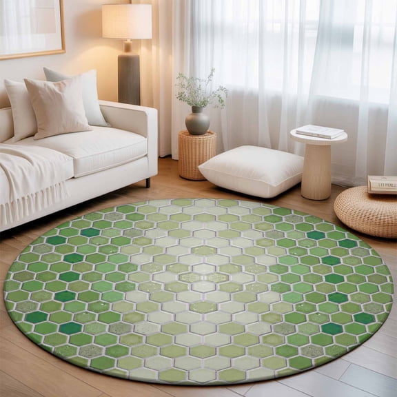 Round Area Rug - 3ft Farm Green Beige Honeycomb Lattice Non Slip Washable Circle Carpet Soft Large Floor Rugs for Living Room Bedroom Nursery Office