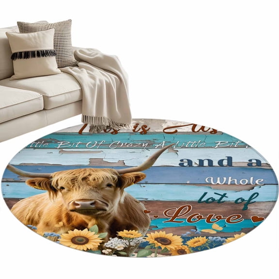 Round Area Rug 3ft Farm Highland Cattle Sunflower Carpets Indoor Floor Area Mat Stain-Proof Mat Circle Rugs for Living Room Dining Room Kitchen Bedroom, Blue Wood Grain Cow Animal Sofa Throw Carpet