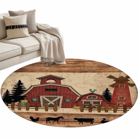 Round Area Rug - 3ft Farm House Windmills Barriers Non Slip Washable Circle Carpet Soft Large Floor Rugs for Living Room Bedroom Nursery Office