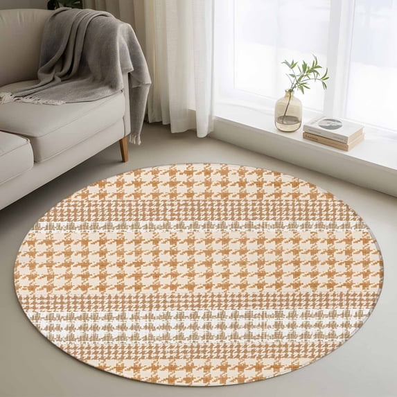 Round Area Rug 3ft, Farm Lattice Houndstooth Pattern Non-Shedding Washable Area Rug, Rustic Beige Khaki Plaid Non Slip Low-Profile Circle Rugs for Living Room, Bedroom Dining Room