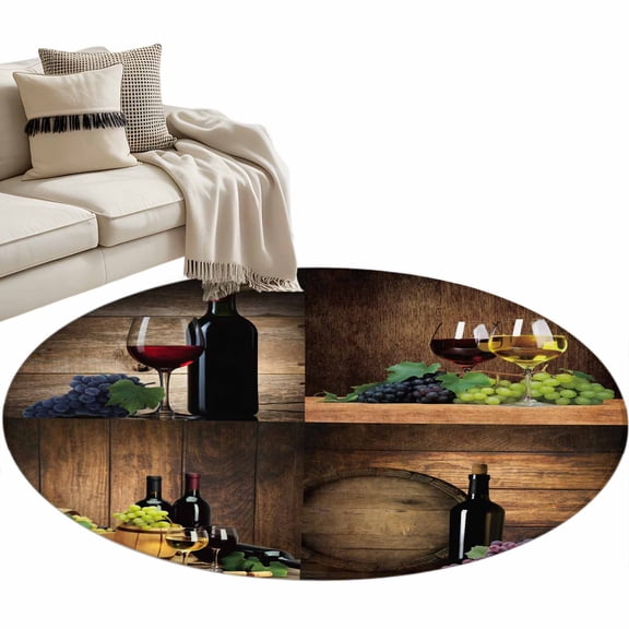 Round Area Rug-3ft Farm Red Wine Grapes Wine Barrel Non Slip Washable Circle Carpet Soft Large Floor Rugs for Living Room Bedroom Nursery Office