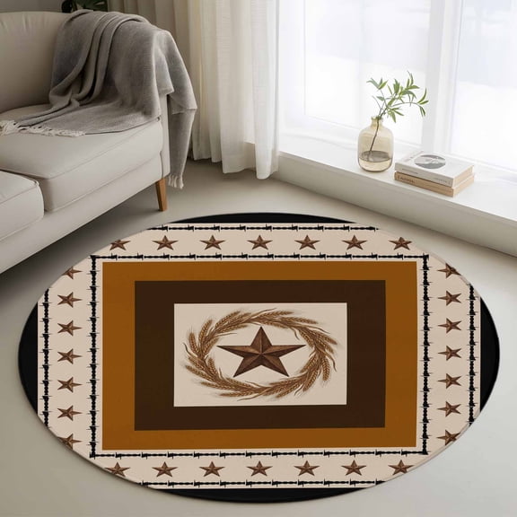 Round Area Rug 3ft, Farm Retro Western Star Wheat Non-Slip Non-Shedding Floor Mat, Vintage Rustic Art Square Washable Sturdy Carpet for Living Room Bedroom Home Decor