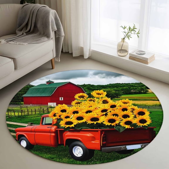 Round Area Rug 3ft,Farm Sunflower on Red Truck Washable Carpet Non-Slip Runner Accent Rugs Indoor Floor Mat for Bedroom Living Room Decor,Watercolor Barn Field