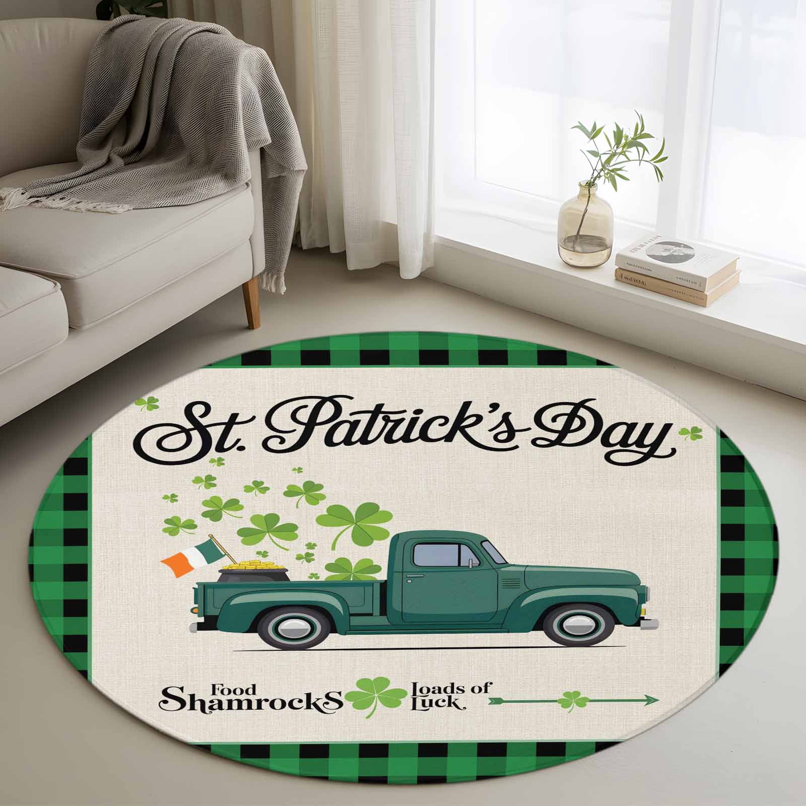 Coins Area Rug Round Area Rug 3ft, Farm Truck St. Patrick's Day Green Clovers Non ...