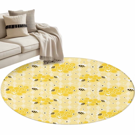 Round Area Rug - 3ft Farm Yellow Bee Honeycomb Non Slip Washable Circle Carpet Soft Large Floor Rugs for Living Room Bedroom Nursery Office