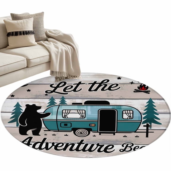 Round Area Rug - 3ft Farmhouse Bear Camper Van Tree Non Slip Washable Circle Carpet Soft Large Floor Rugs for Living Room Bedroom Nursery Office