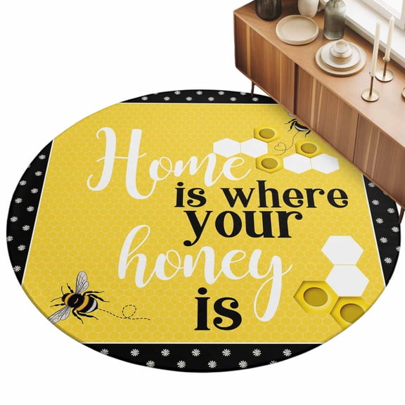 Round Area Rug - 3ft Farmhouse Bee Honeycomb Yellow Non Slip Washable Circle Carpet Soft Large Floor Rugs for Living Room Bedroom Nursery Office
