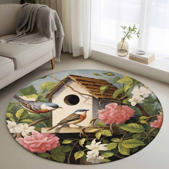 Round Area Rug 3ft,Farmhouse Bird on Flower Branch Leaf Washable Carpet Non-Slip Runner Accent Rugs Indoor Floor Mat for Bedroom Living Room Decor,Pastoral Pink White Floral