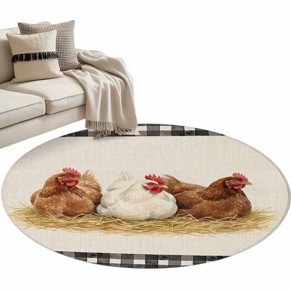 Round Area Rug - 3ft Farmhouse Chicken Burlap Linen Non Slip Washable Circle Carpet Soft Large Floor Rugs for Living Room Bedroom Nursery Office