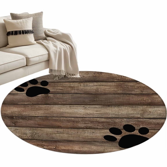 Round Area Rug - 3ft Farmhouse Dog Paws Non Slip Washable Circle Carpet Soft Large Floor Rugs for Living Room Bedroom Nursery Office
