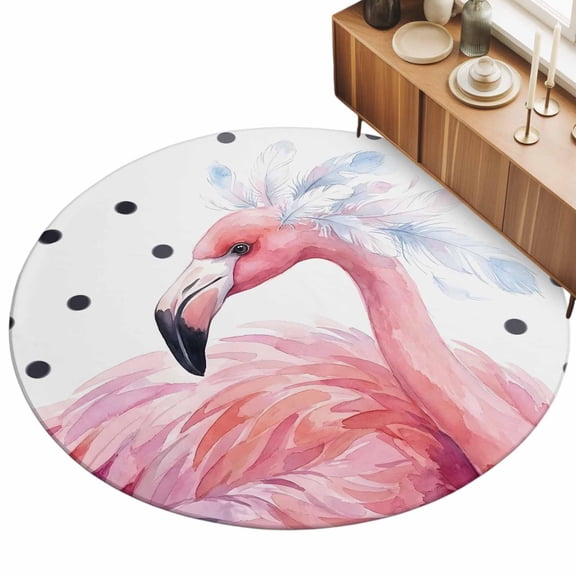 Round Area Rug - 3ft Farmhouse Flamingo Polka Dot Non Slip Washable Circle Carpet Soft Large Floor Rugs for Living Room Bedroom Nursery Office