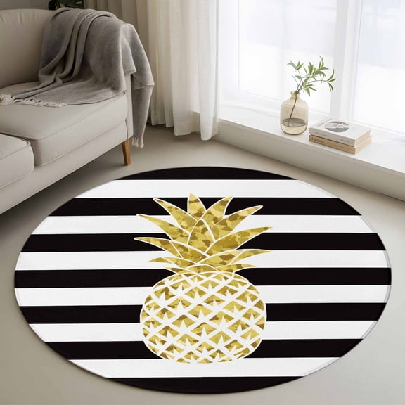 Round Area Rug 3ft, Farmhouse Fruit Golden Pineapple Non-Slip Non-Shedding Floor Mat, Black White Striped Washable Sturdy Carpet for Living Room Bedroom Home Decor