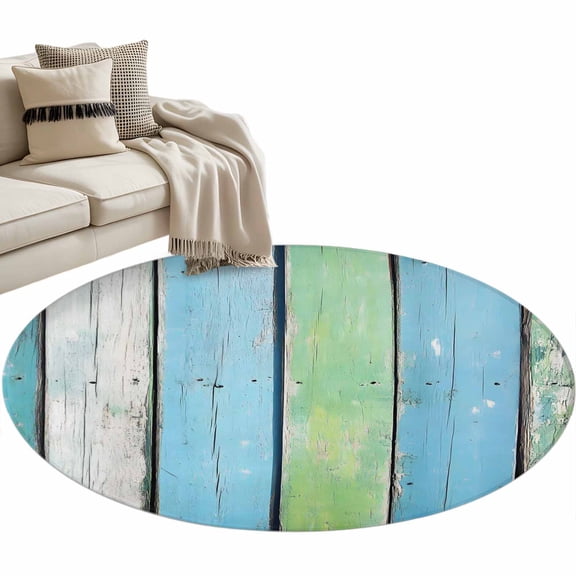 Round Area Rug 3ft, Farmhouse Gradient Wood Board Non-Slip Non-Shedding Floor Mat, Farm Vintage Wooden Washable Sturdy Carpet for Living Room Bedroom Home Decor