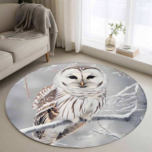 Round Area Rug 3ft, Farmhouse Owl on Tree Branch Non-Shedding Washable Area Rug, Winter Bird Natural Scenery Non Slip Low-Profile Circle Rugs for Living Room, Bedroom Dining Room