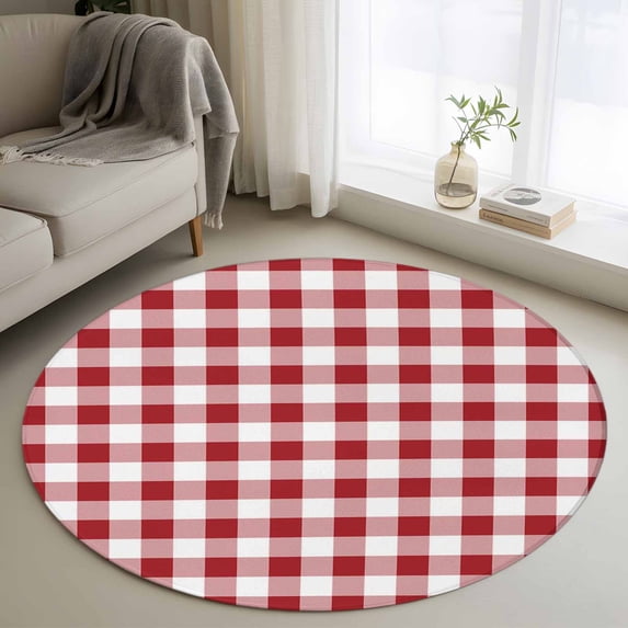 Round Area Rug 3ft, Farmhouse Red Plaid Non-slip Area Rugs for Living Room/Bedroom/Bathroom/Kitchen, Rustic Red White Checkered Washable Throw Floor Mat Indoor Outdoor Entrance Doormat