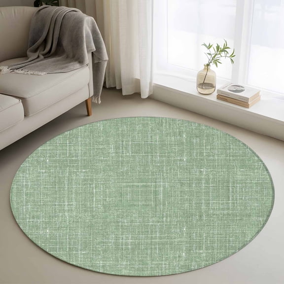 Round Area Rug 3ft Farmhouse Sage Green Area Rugs Washable Low Pile Floor Carpet for Bedroom, Vintage Linen Textured Non Slip Soft Rugs for Living Room Entryway Dining Room