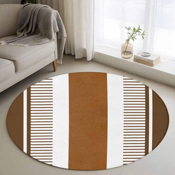 Round Area Rug 3ft, Farmhouse Stripes on White Non-Slip Non-Shedding Floor Mat, Geometric Brown Lines Washable Sturdy Carpet for Living Room Bedroom Home Decor