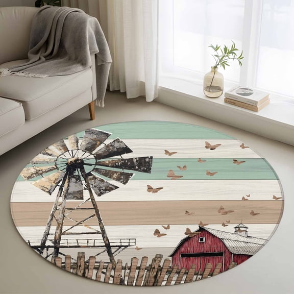 Round Area Rug 3ft Farmhouse Windmill Butterfly Circle Kitchen Mats Non-Slip Retro Green Brown Wood Grain Washable Round Carpet for Kitchen Living Room Bedroom Home Decor