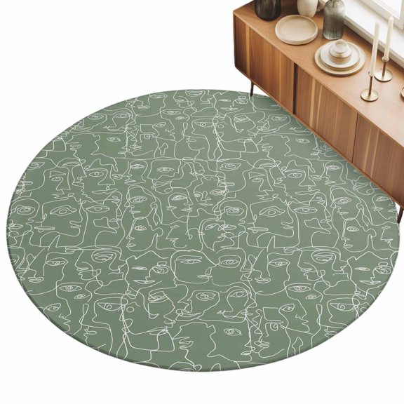 Round Area Rug 3ft Feminine Face Sketch Floor Carpets Indoor Floor Area Mat Stain-Proof Mat Circle Rugs for Living Room Dining Room Kitchen Bedroom, Sage Green Shape Lines Sofa Throw Carpet
