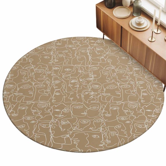 Round Area Rug 3ft Feminine Face Sketch Floor Carpets Indoor Floor Area Mat Stain-Proof Mat Circle Rugs for Living Room Dining Room Kitchen Bedroom, Tan Shape Lines Sofa Throw Carpet