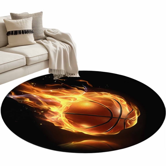 Round Area Rug 3ft Flame Basketball Floor Carpets Indoor Floor Area Mat Stain-Proof Mat Circle Rugs for Living Room Dining Room Kitchen Bedroom, Sports Black Sofa Throw Carpet