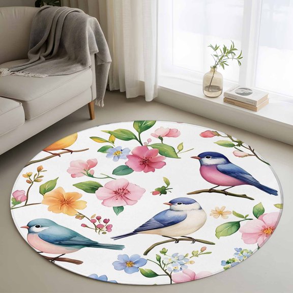 Round Area Rug 3ft Floral Bird Circle Kitchen Mats Non-Slip Spring Flower Washable Round Carpet for Kitchen Living Room Bedroom Home Decor