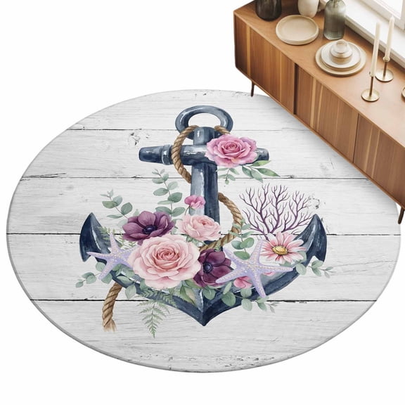 Round Area Rug 3ft Floral Nautical Anchor Floor Carpets Indoor Floor Area Mat Stain-Proof Mat Circle Rugs for Living Room Dining Room Kitchen Bedroom, Rustic Retro Wood Grain Sofa Throw Carpet