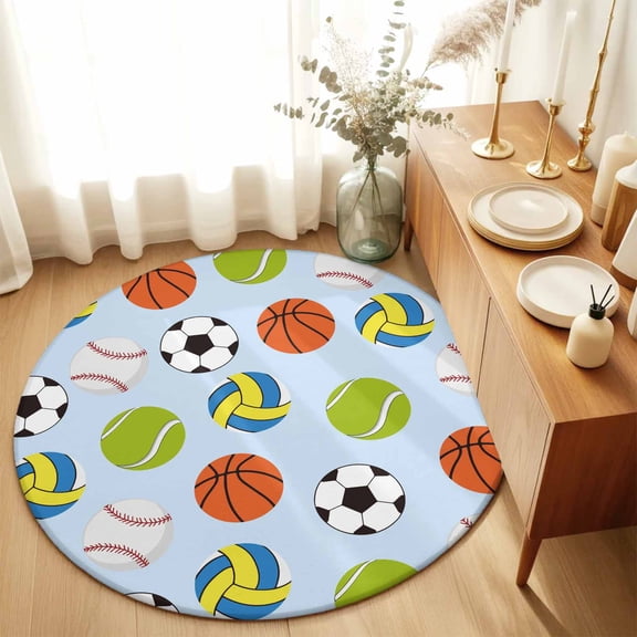 Round Area Rug 3ft,Football Basketball Baseball Football Washable Carpet Non-Slip Runner Accent Rugs Indoor Floor Mat for Bedroom Living Room Decor,Blue Sport Theme