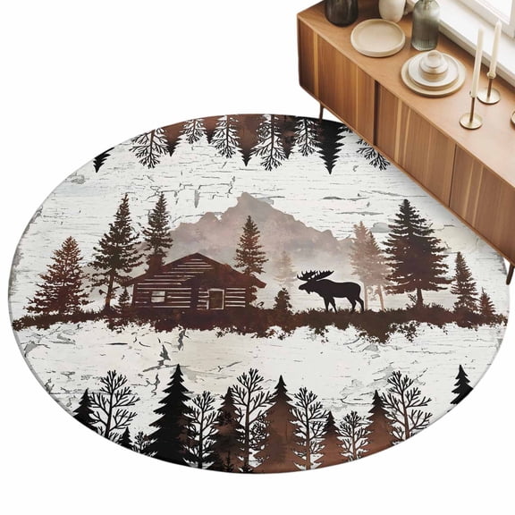 Round Area Rug 3ft Forest Moose Floor Carpets Indoor Floor Area Mat Stain-Proof Mat Circle Rugs for Living Room Dining Room Kitchen Bedroom, Log Cabin Animal Pine Tree Woodland Sofa Throw Carpet