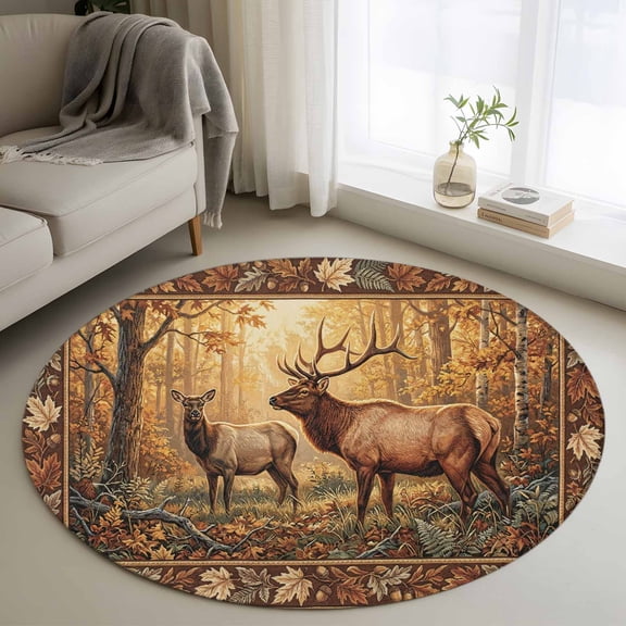 Round Area Rug 3ft, Forest Reindeer Orange Leaf Non-Shedding Washable Area Rug, Retro Southwest Ethnic Non Slip Low-Profile Circle Rugs for Living Room, Bedroom Dining Room