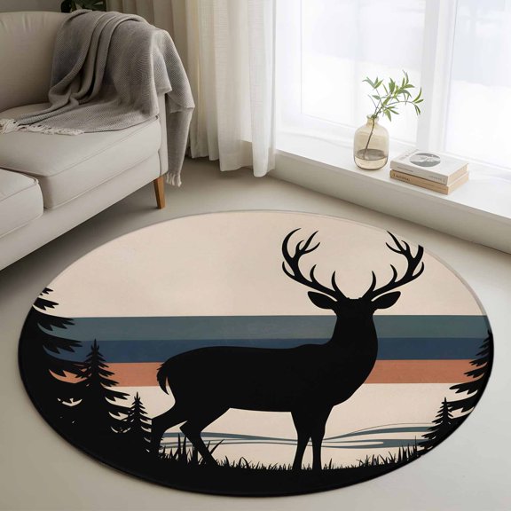 Round Area Rug 3ft Forest Reindeer Silhouette Area Rugs Washable Low Pile Floor Carpet for Bedroom, Vintage Stripes Non Slip Soft Rugs for Living Room Entryway Dining Room