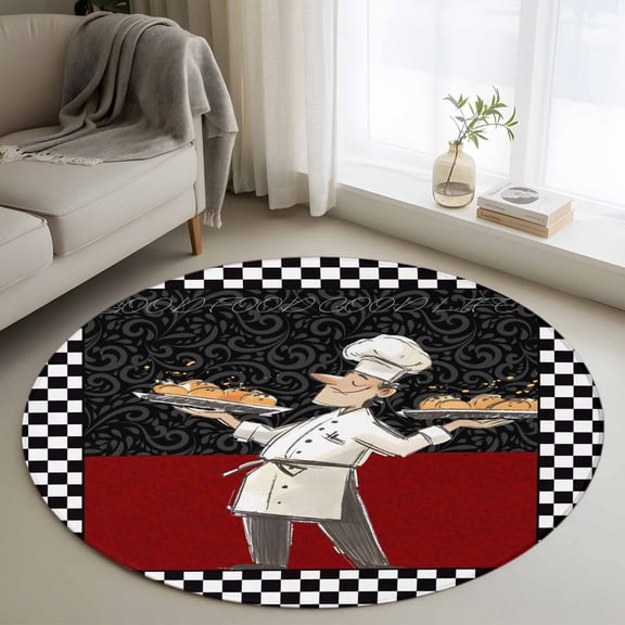 Round Area Rug 3ft, Funny Chef Kitchen Cooking Non-Slip Non-Shedding Floor Mat, Black and White Checker Washable Sturdy Carpet for Living Room Bedroom Home Decor