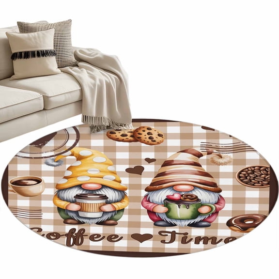 Round Area Rug-3ft Funny Gnomes on Brown Plaid Non Slip Washable Circle Carpet Soft Large Floor Rugs for Living Room Bedroom Nursery Office