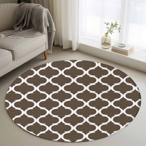 Round Area Rug 3ft Geometric Morocco Pattern Circle Kitchen Mats Non-Slip Brown Abstract Washable Round Carpet for Kitchen Living Room Bedroom Home Decor