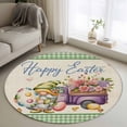 thumbnail image 1 of Round Area Rug 3ft, Gnome Easter Egg Non-Shedding Washable Area Rug, Purple Truck Spring Flower Green Linen Plaid Non Slip Low-Profile Circle Rugs for Living Room, Bedroom Dining Room, 1 of 9