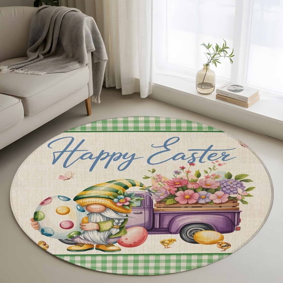 Round Area Rug 3ft, Gnome Easter Egg Non-Shedding Washable Area Rug, Purple Truck Spring Flower Green Linen Plaid Non Slip Low-Profile Circle Rugs for Living Room, Bedroom Dining Room