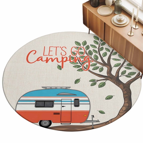 Round Area Rug 3ft Let's Go Camping Floor Carpets Indoor Floor Area Mat Stain-Proof Mat Circle Rugs for Living Room Dining Room Kitchen Bedroom, Red Camper Van Trees Linen Sofa Throw Carpet