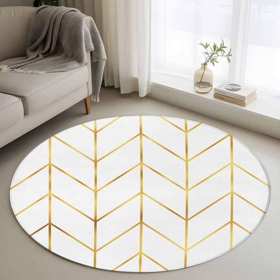 Round Area Rug 3ft,Golden Lines Chevron Washable Carpet Non-Slip Runner Accent Rugs Indoor Floor Mat for Bedroom Living Room Decor,Abstract Herringbone on White