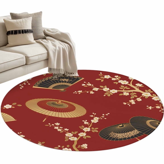 Round Area Rug 3ft Golden Paper Fan Floor Carpets Indoor Floor Area Mat Stain-Proof Mat Circle Rugs for Living Room Dining Room Kitchen Bedroom, Cherry Blossom Japanese Style Red Sofa Throw Carpet
