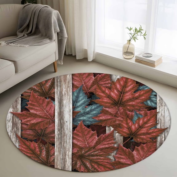 Round Area Rug 3ft, Gradient Blue Maple Leaves Non-Shedding Washable Area Rug, Retro Wooden Palnk Non Slip Low-Profile Circle Rugs for Living Room, Bedroom Dining Room
