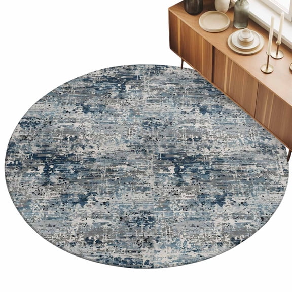 Round Area Rug - 3ft Gradient Grey Navy Blue Non Slip Washable Circle Carpet Soft Large Floor Rugs for Living Room Bedroom Nursery Office