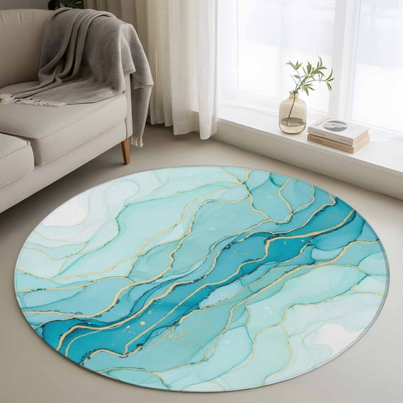 Round Area Rug 3ft,Gradient Teal Marble Geometric Washable Carpet Non-Slip Runner Accent Rugs Indoor Floor Mat for Bedroom Living Room Decor,Abstract Waves Fluid Art