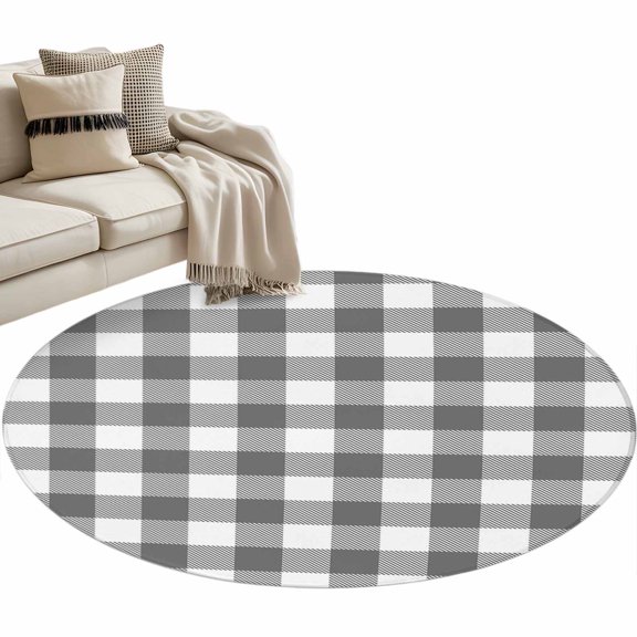 Round Area Rug 3ft Gray Buffalo Check Plaid Floor Carpets Indoor Floor Area Mat Stain-Proof Mat Circle Rugs for Living Room Dining Room Kitchen Bedroom, Farmhouse Style Sofa Throw Carpet