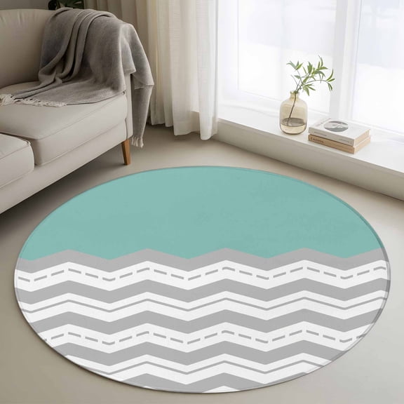 Round Area Rug 3ft, Gray Ripple Zigzag Chevron Non-Slip Non-Shedding Floor Mat, Teal Watercolor Washable Sturdy Carpet for Living Room Bedroom Home Decor